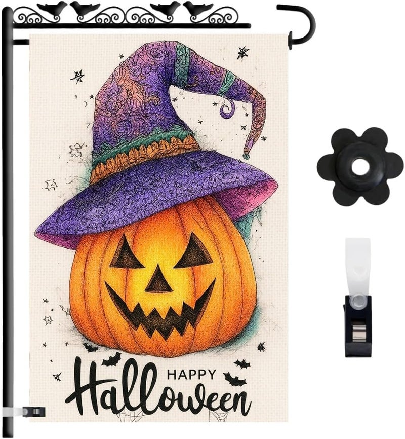 KarvePro Happy Halloween Garden Flag 12x18 Inch – Pumpkin with Purple Hat, Double Sided Burlap Fall Yard Flag for Outside - Image 1